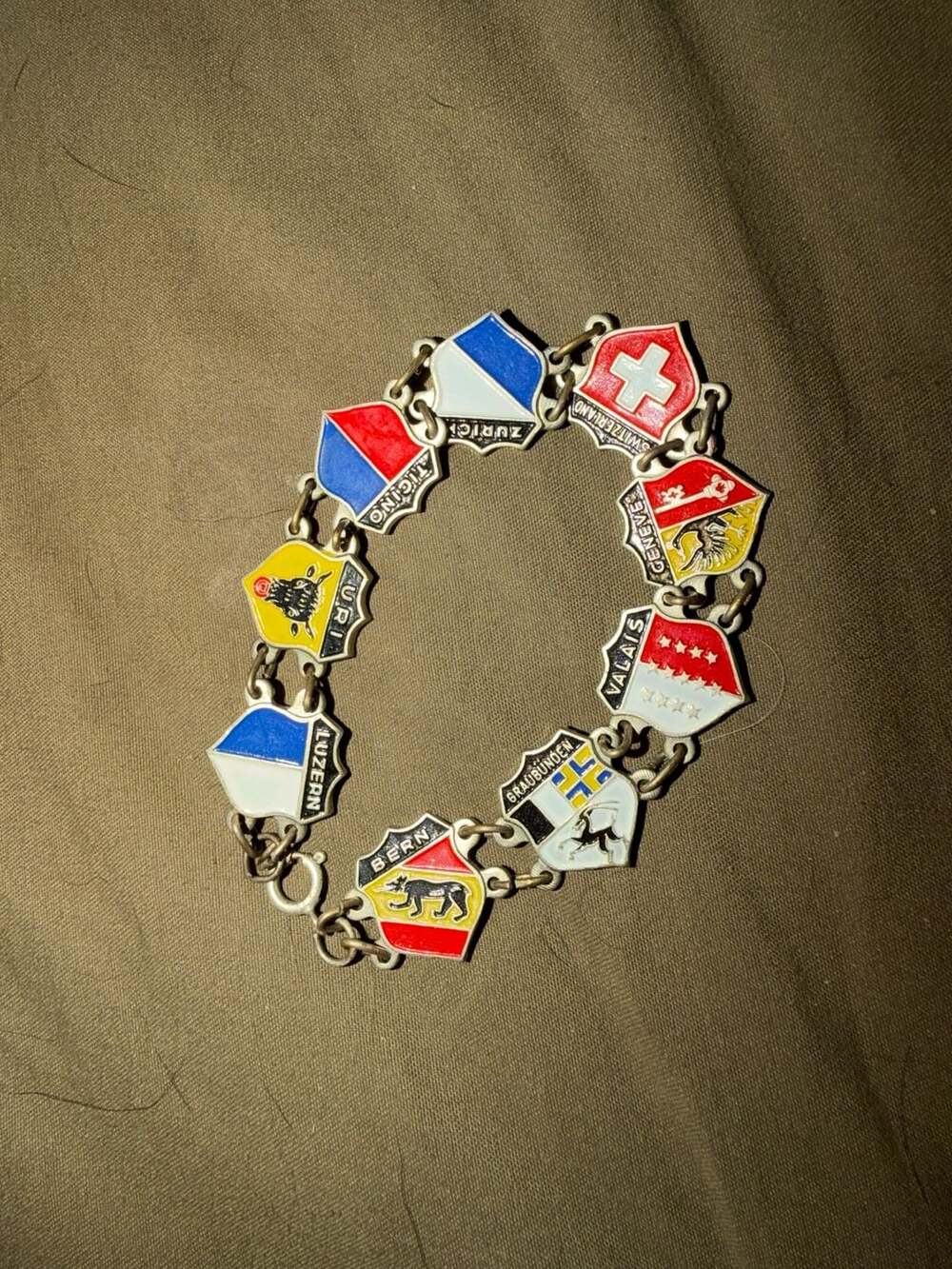 Vintage Swiss Souvenir Enamel Shield Charm Bracelet with Cantonal Crests